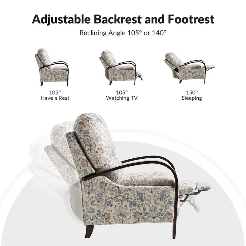 Fauteuil inclinable manuel en polyester à motifs floraux rouge/bleu/gris avec accoudoirs incurvés - Usage unique