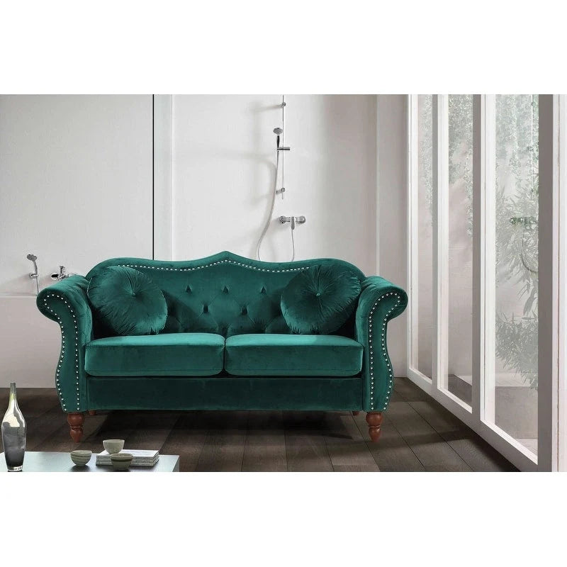 Causeuse capitonnée Chesterfield en velours vert / gris / bleu / ivoire / rose / noir avec clous décoratifs - Pour 2 personnes