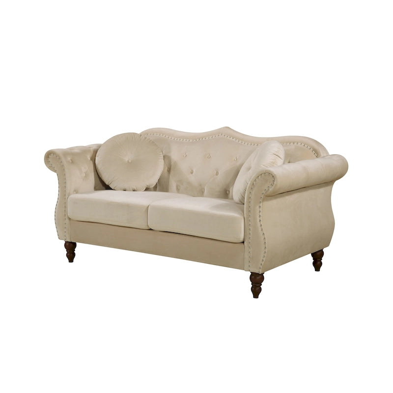 Causeuse capitonnée Chesterfield en velours vert / gris / bleu / ivoire / rose / noir avec clous décoratifs - Pour 2 personnes
