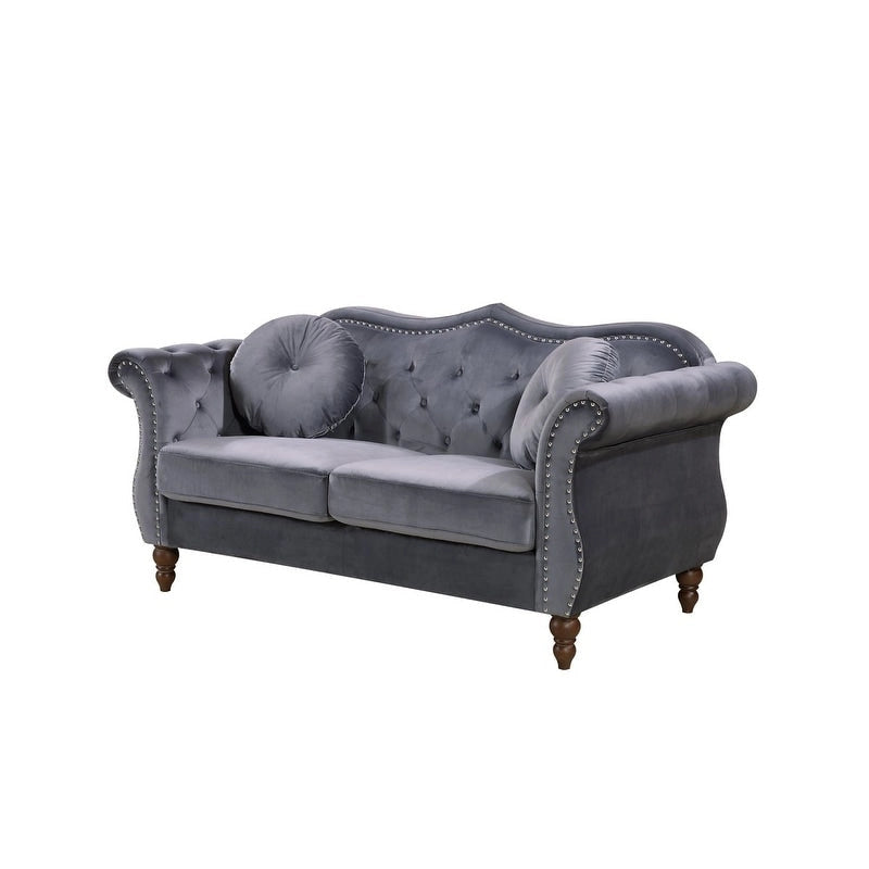 Causeuse capitonnée Chesterfield en velours vert / gris / bleu / ivoire / rose / noir avec clous décoratifs - Pour 2 personnes