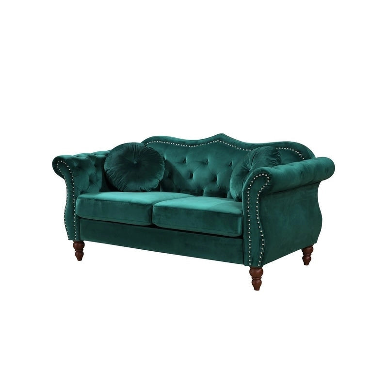 Causeuse capitonnée Chesterfield en velours vert / gris / bleu / ivoire / rose / noir avec clous décoratifs - Pour 2 personnes