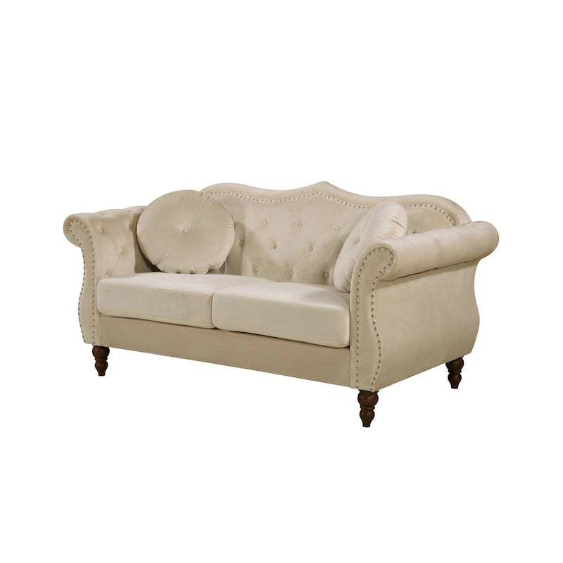 Causeuse capitonnée Chesterfield en velours vert / gris / bleu / ivoire / rose / noir avec clous décoratifs - Pour 2 personnes
