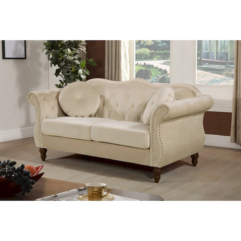 Causeuse capitonnée Chesterfield en velours vert / gris / bleu / ivoire / rose / noir avec clous décoratifs - Pour 2 personnes