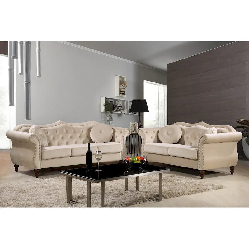 Causeuse capitonnée Chesterfield en velours vert / gris / bleu / ivoire / rose / noir avec clous décoratifs - Pour 2 personnes