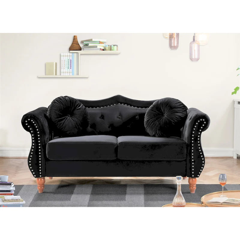 Causeuse capitonnée Chesterfield en velours vert / gris / bleu / ivoire / rose / noir avec clous décoratifs - Pour 2 personnes