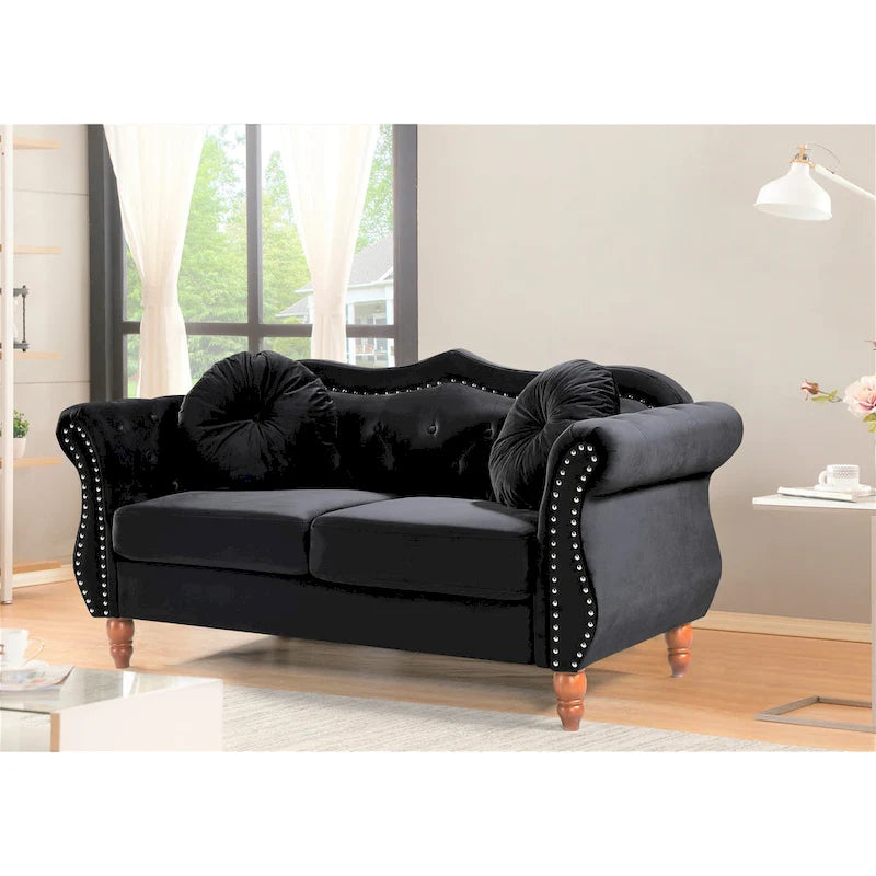 Causeuse capitonnée Chesterfield en velours vert / gris / bleu / ivoire / rose / noir avec clous décoratifs - Pour 2 personnes