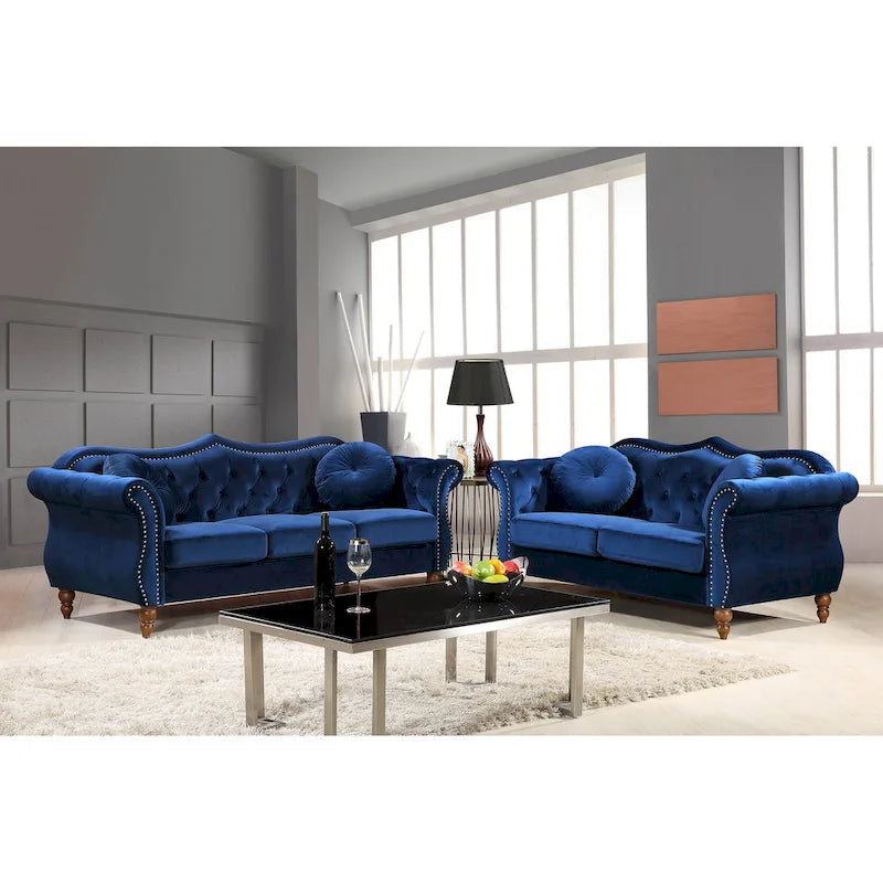 Causeuse capitonnée Chesterfield en velours vert / gris / bleu / ivoire / rose / noir avec clous décoratifs - Pour 2 personnes