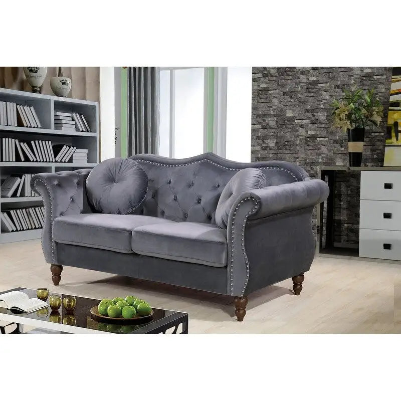 Causeuse capitonnée Chesterfield en velours vert / gris / bleu / ivoire / rose / noir avec clous décoratifs - Pour 2 personnes