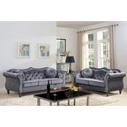 Causeuse capitonnée Chesterfield en velours vert / gris / bleu / ivoire / rose / noir avec clous décoratifs - Pour 2 personnes