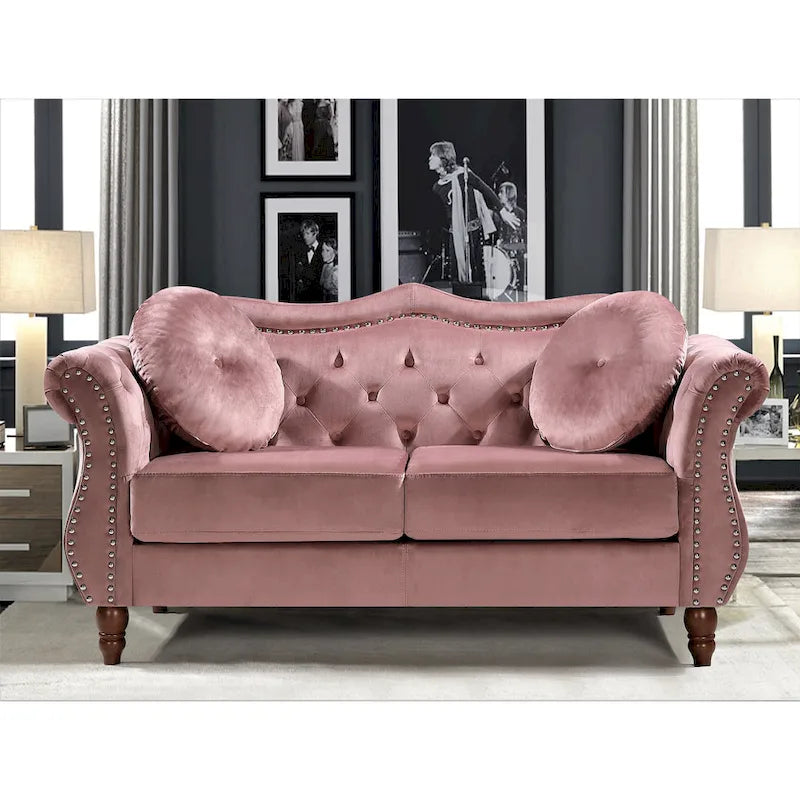 Causeuse capitonnée Chesterfield en velours vert / gris / bleu / ivoire / rose / noir avec clous décoratifs - Pour 2 personnes