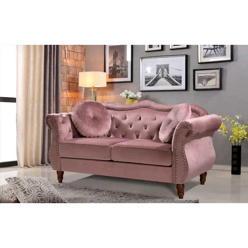 Causeuse capitonnée Chesterfield en velours vert / gris / bleu / ivoire / rose / noir avec clous décoratifs - Pour 2 personnes