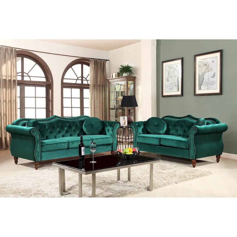 Causeuse capitonnée Chesterfield en velours vert / gris / bleu / ivoire / rose / noir avec clous décoratifs - Pour 2 personnes