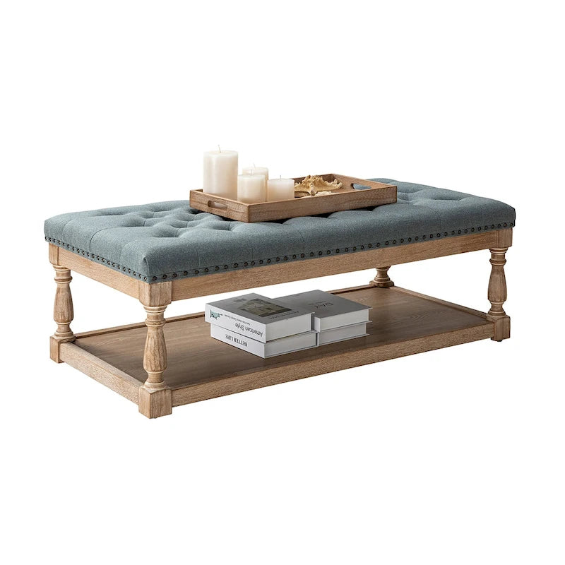 Pouf de rangement rectangulaire traditionnel capitonné bleu/gris/lin/ivoire avec plateau - Utilisation unique