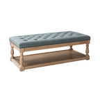 Pouf de rangement rectangulaire traditionnel capitonné bleu/gris/lin/ivoire avec plateau - Utilisation unique