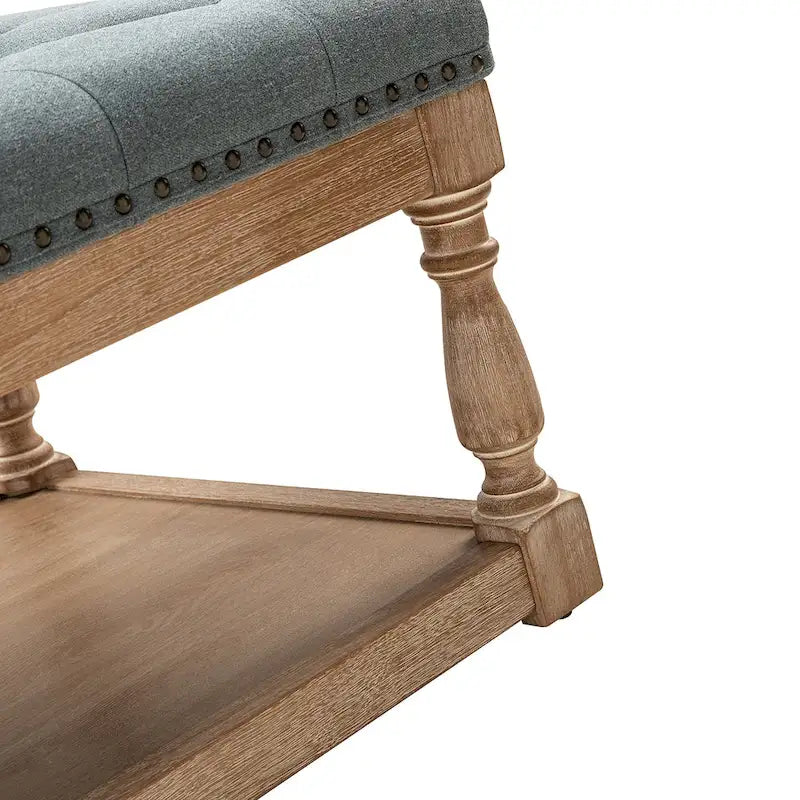 Pouf de rangement rectangulaire traditionnel capitonné bleu/gris/lin/ivoire avec plateau - Utilisation unique