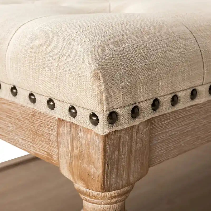 Pouf de rangement rectangulaire traditionnel capitonné bleu/gris/lin/ivoire avec plateau - Utilisation unique