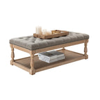Pouf de rangement rectangulaire traditionnel capitonné bleu/gris/lin/ivoire avec plateau - Utilisation unique