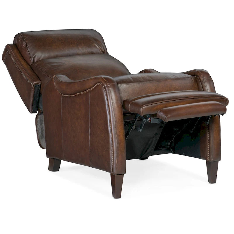 Fauteuil inclinable manuel à dossier inclinable en noyer/cuir marron avec finition en bois foncé - Usage unique