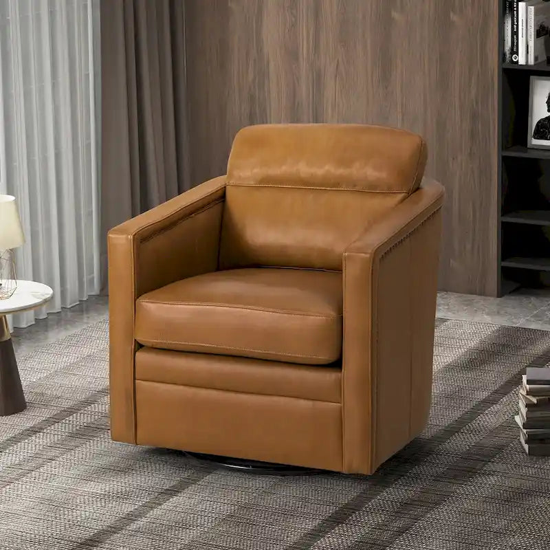 Fauteuil pivotant rétro en cuir véritable avec accoudoirs - Camel / Bleu marine / Chocolat / Turquoise / Marron / Noir / Gris / Sauge / Bordeaux / Beige - Utilisation individuelle