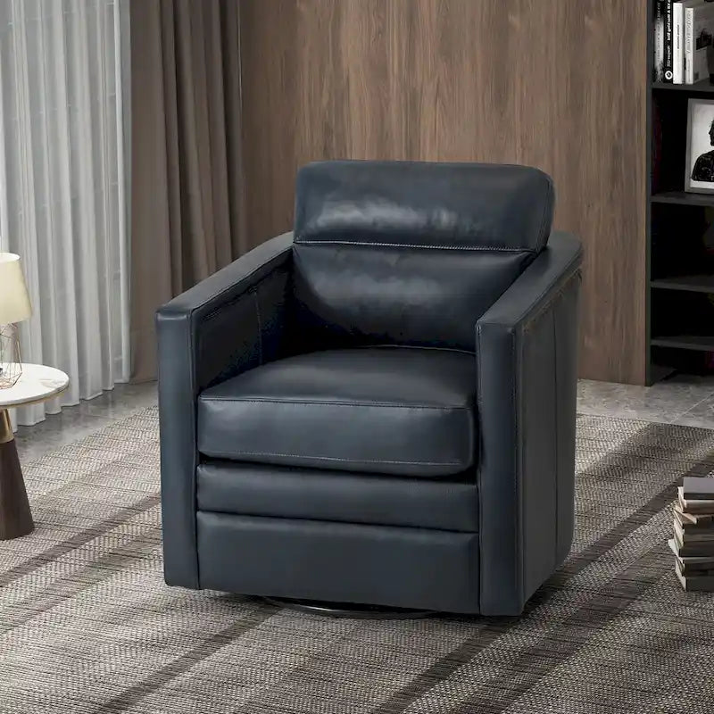 Fauteuil pivotant rétro en cuir véritable avec accoudoirs - Camel / Bleu marine / Chocolat / Turquoise / Marron / Noir / Gris / Sauge / Bordeaux / Beige - Utilisation individuelle