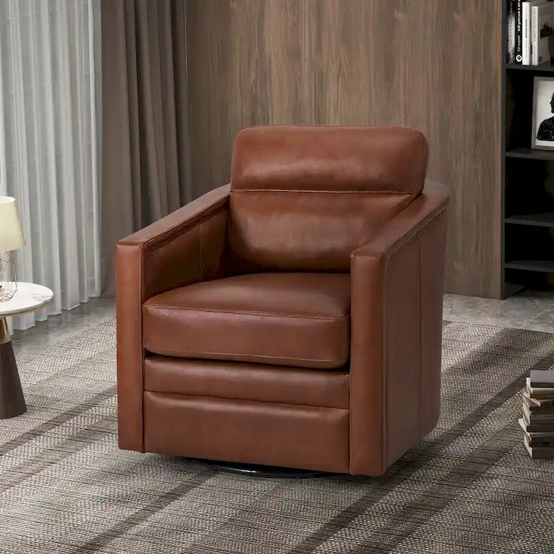 Fauteuil pivotant rétro en cuir véritable avec accoudoirs - Camel / Bleu marine / Chocolat / Turquoise / Marron / Noir / Gris / Sauge / Bordeaux / Beige - Utilisation individuelle