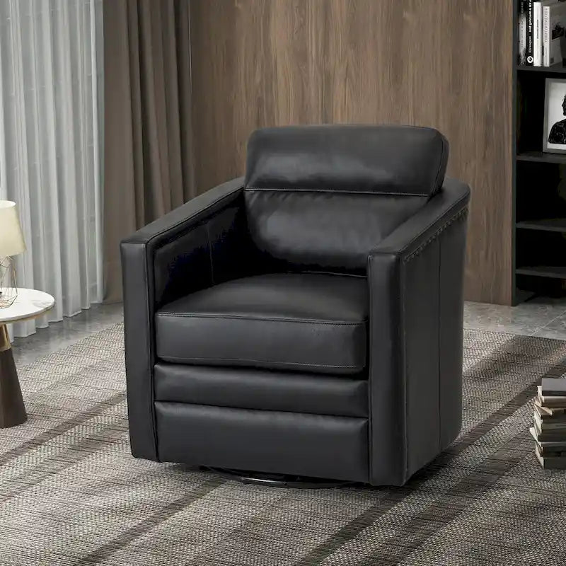 Fauteuil pivotant rétro en cuir véritable avec accoudoirs - Camel / Bleu marine / Chocolat / Turquoise / Marron / Noir / Gris / Sauge / Bordeaux / Beige - Utilisation individuelle