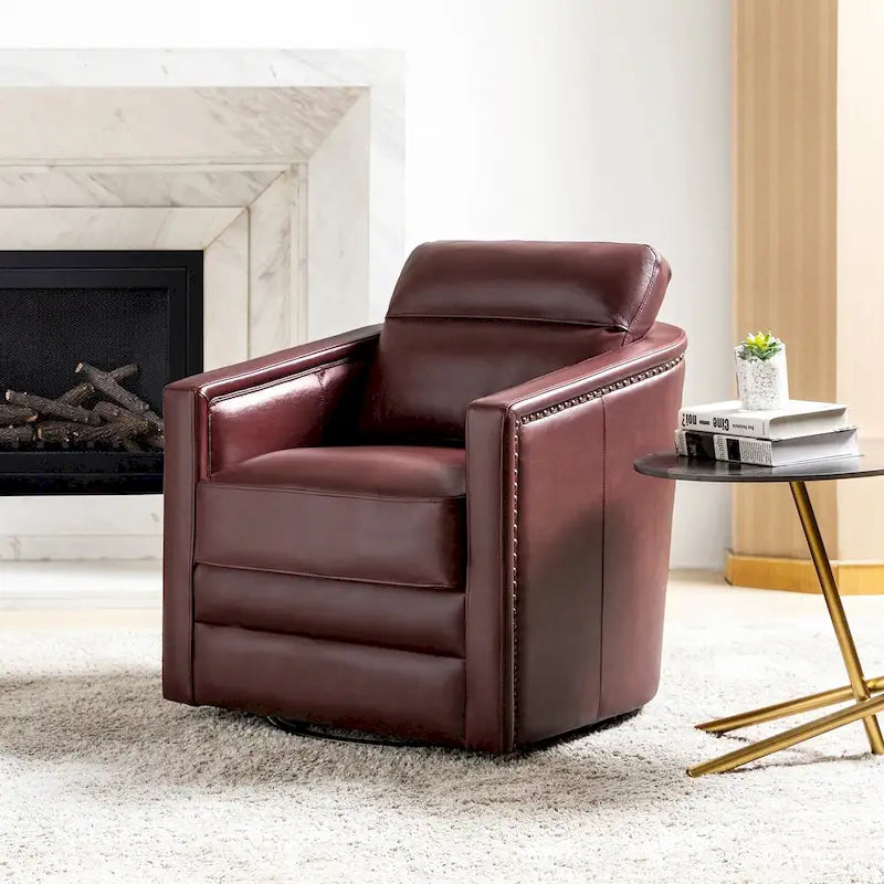 Fauteuil pivotant rétro en cuir véritable avec accoudoirs - Camel / Bleu marine / Chocolat / Turquoise / Marron / Noir / Gris / Sauge / Bordeaux / Beige - Utilisation individuelle