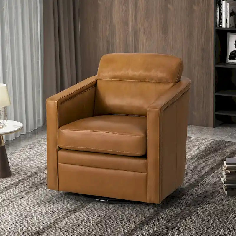 Fauteuil pivotant rétro en cuir véritable avec accoudoirs - Camel / Bleu marine / Chocolat / Turquoise / Marron / Noir / Gris / Sauge / Bordeaux / Beige - Utilisation individuelle