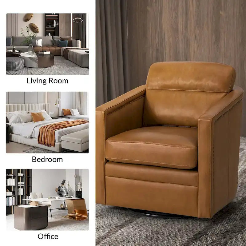 Fauteuil pivotant rétro en cuir véritable avec accoudoirs - Camel / Bleu marine / Chocolat / Turquoise / Marron / Noir / Gris / Sauge / Bordeaux / Beige - Utilisation individuelle