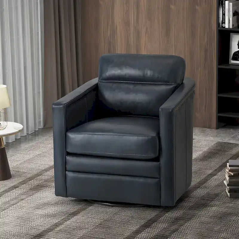 Fauteuil pivotant rétro en cuir véritable avec accoudoirs - Camel / Bleu marine / Chocolat / Turquoise / Marron / Noir / Gris / Sauge / Bordeaux / Beige - Utilisation individuelle