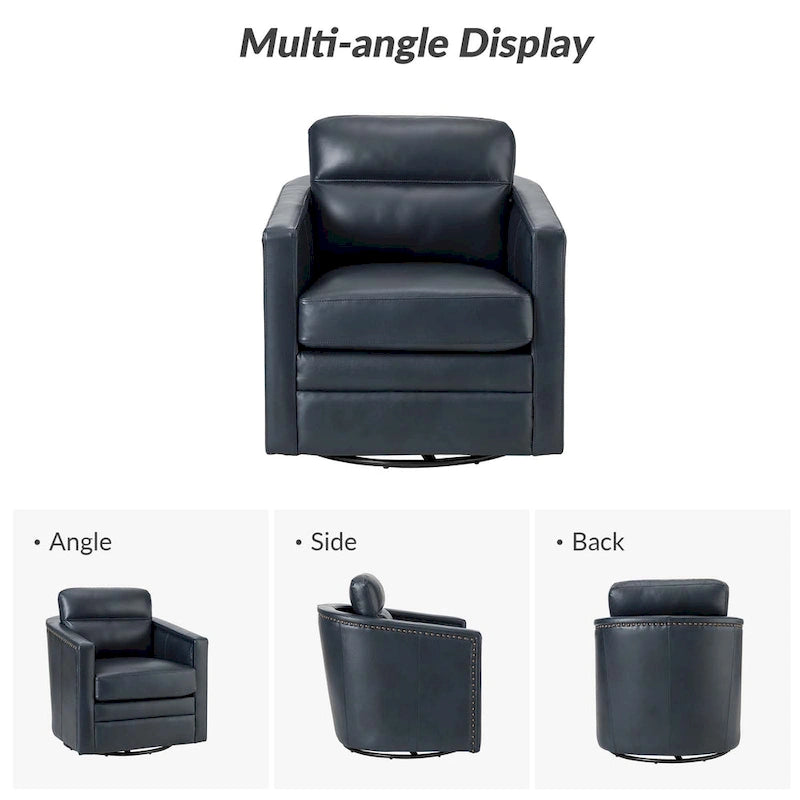 Fauteuil pivotant rétro en cuir véritable avec accoudoirs - Camel / Bleu marine / Chocolat / Turquoise / Marron / Noir / Gris / Sauge / Bordeaux / Beige - Utilisation individuelle