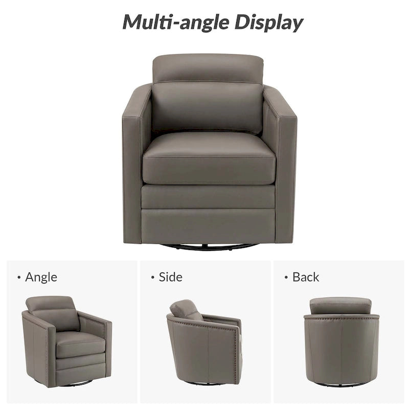 Fauteuil pivotant rétro en cuir véritable avec accoudoirs - Camel / Bleu marine / Chocolat / Turquoise / Marron / Noir / Gris / Sauge / Bordeaux / Beige - Utilisation individuelle