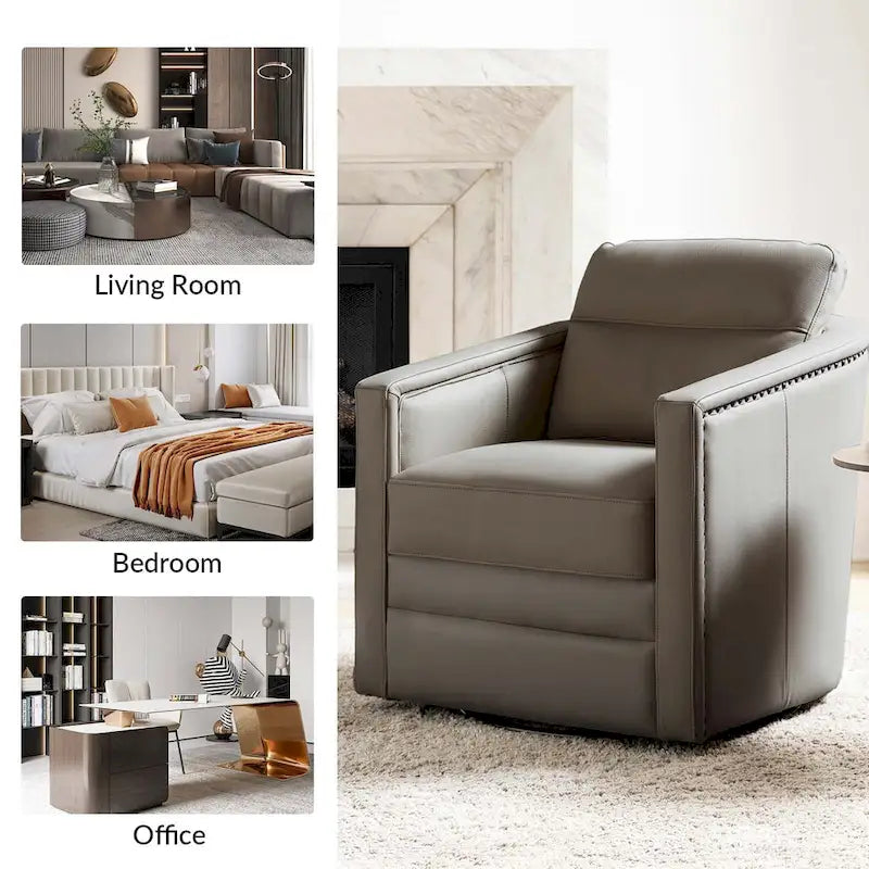 Fauteuil pivotant rétro en cuir véritable avec accoudoirs - Camel / Bleu marine / Chocolat / Turquoise / Marron / Noir / Gris / Sauge / Bordeaux / Beige - Utilisation individuelle