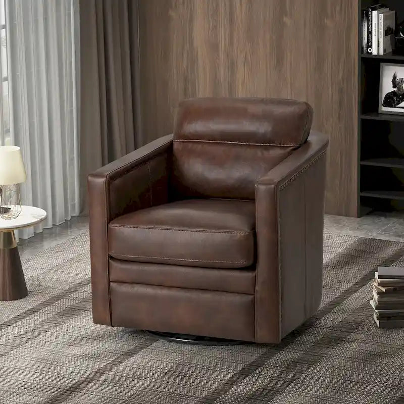 Fauteuil pivotant rétro en cuir véritable avec accoudoirs - Camel / Bleu marine / Chocolat / Turquoise / Marron / Noir / Gris / Sauge / Bordeaux / Beige - Utilisation individuelle