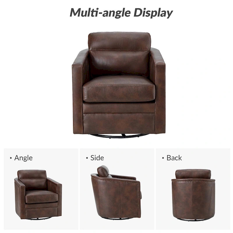 Fauteuil pivotant rétro en cuir véritable avec accoudoirs - Camel / Bleu marine / Chocolat / Turquoise / Marron / Noir / Gris / Sauge / Bordeaux / Beige - Utilisation individuelle