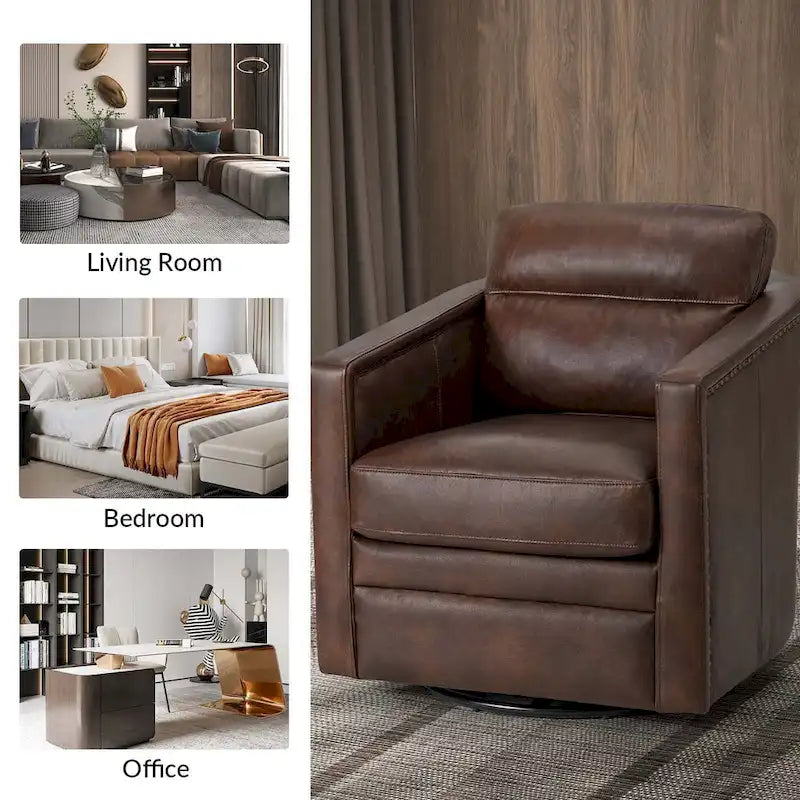 Fauteuil pivotant rétro en cuir véritable avec accoudoirs - Camel / Bleu marine / Chocolat / Turquoise / Marron / Noir / Gris / Sauge / Bordeaux / Beige - Utilisation individuelle