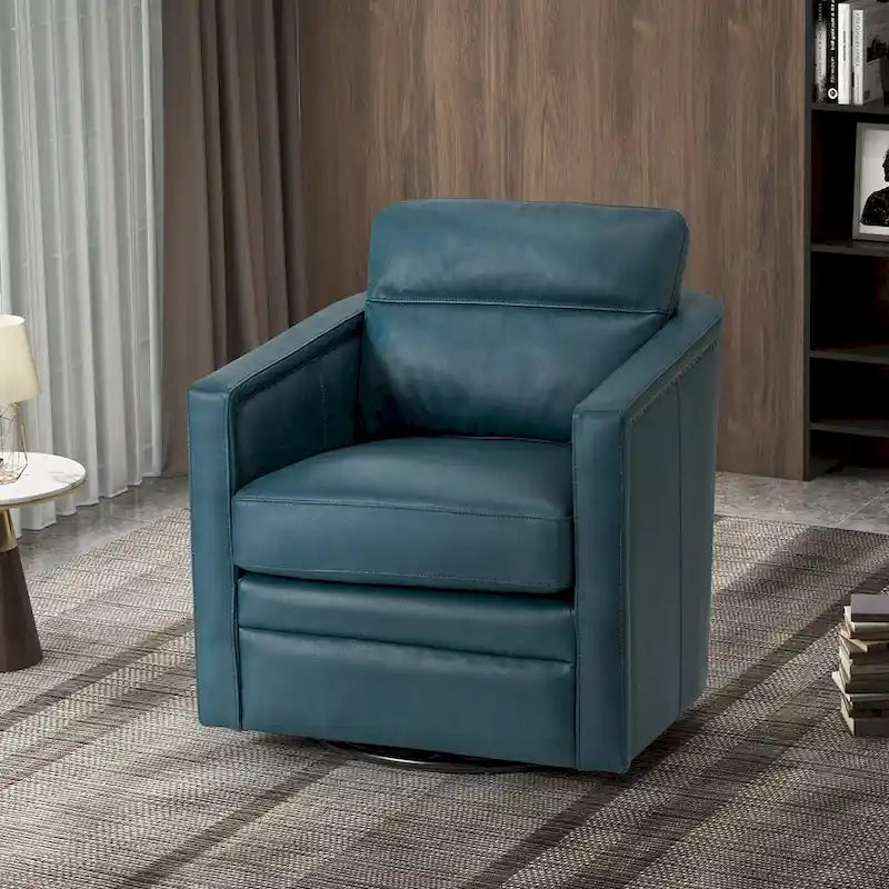 Fauteuil pivotant rétro en cuir véritable avec accoudoirs - Camel / Bleu marine / Chocolat / Turquoise / Marron / Noir / Gris / Sauge / Bordeaux / Beige - Utilisation individuelle