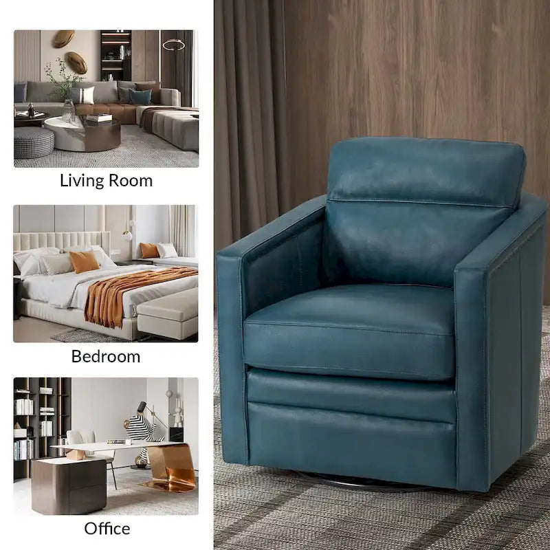 Fauteuil pivotant rétro en cuir véritable avec accoudoirs - Camel / Bleu marine / Chocolat / Turquoise / Marron / Noir / Gris / Sauge / Bordeaux / Beige - Utilisation individuelle
