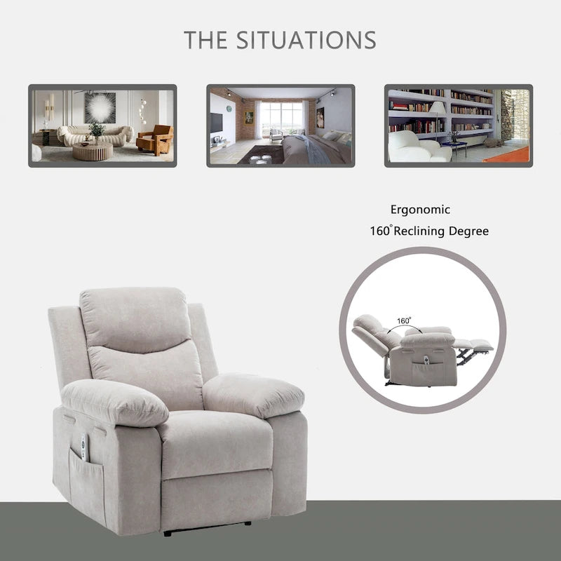 Fauteuil inclinable électrique en velours beige/bleu/gris clair/camel/gris foncé avec fonctions chauffante et massage - Usage unique