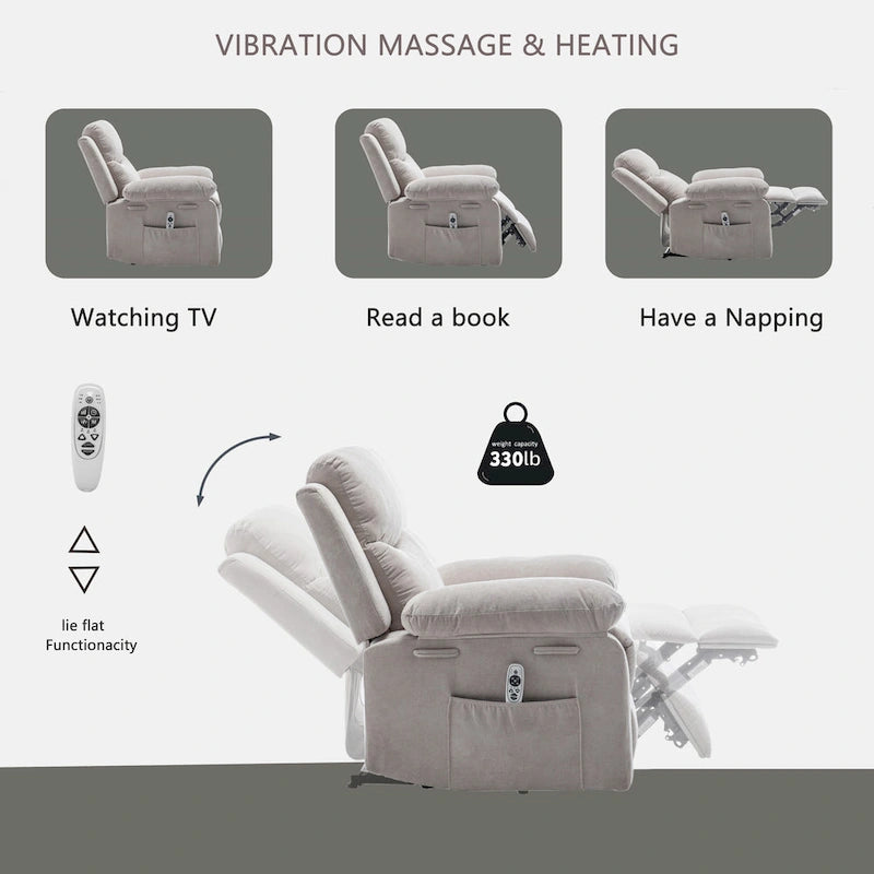 Fauteuil inclinable électrique en velours beige/bleu/gris clair/camel/gris foncé avec fonctions chauffante et massage - Usage unique