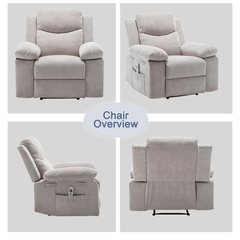 Fauteuil inclinable électrique en velours beige/bleu/gris clair/camel/gris foncé avec fonctions chauffante et massage - Usage unique