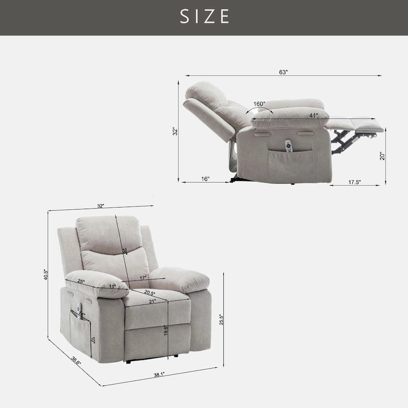 Fauteuil inclinable électrique en velours beige/bleu/gris clair/camel/gris foncé avec fonctions chauffante et massage - Usage unique