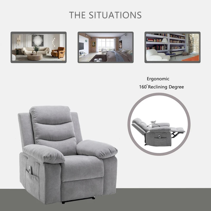 Fauteuil inclinable électrique en velours beige/bleu/gris clair/camel/gris foncé avec fonctions chauffante et massage - Usage unique