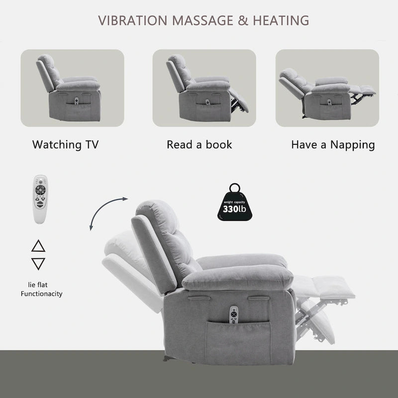 Fauteuil inclinable électrique en velours beige/bleu/gris clair/camel/gris foncé avec fonctions chauffante et massage - Usage unique