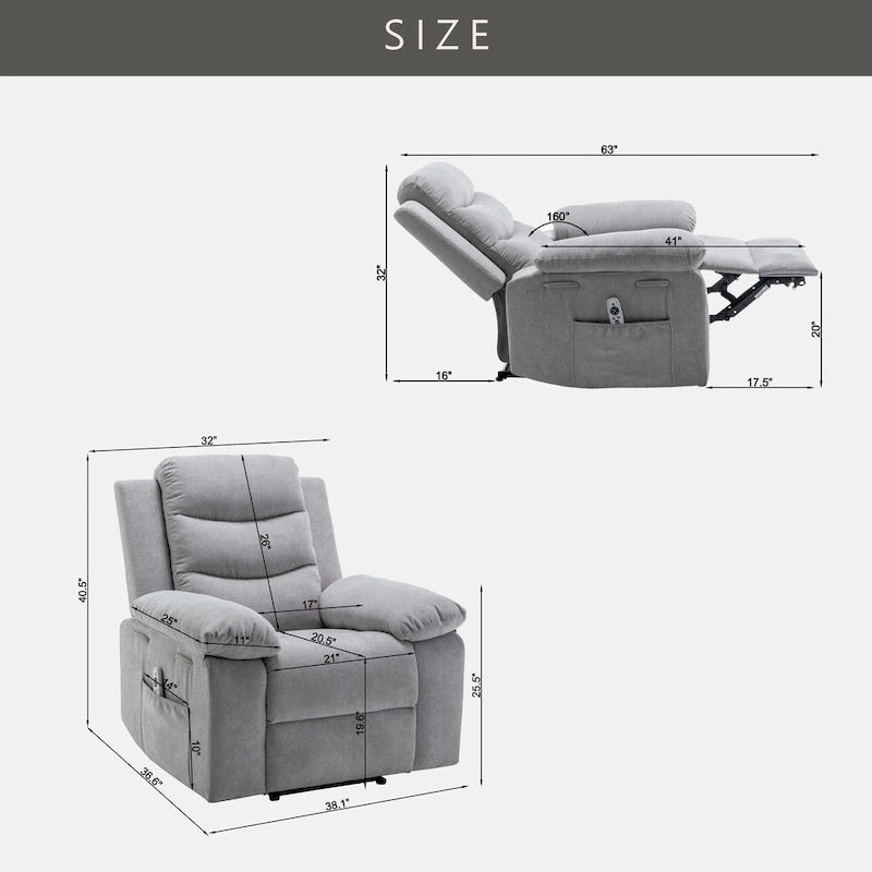 Fauteuil inclinable électrique en velours beige/bleu/gris clair/camel/gris foncé avec fonctions chauffante et massage - Usage unique