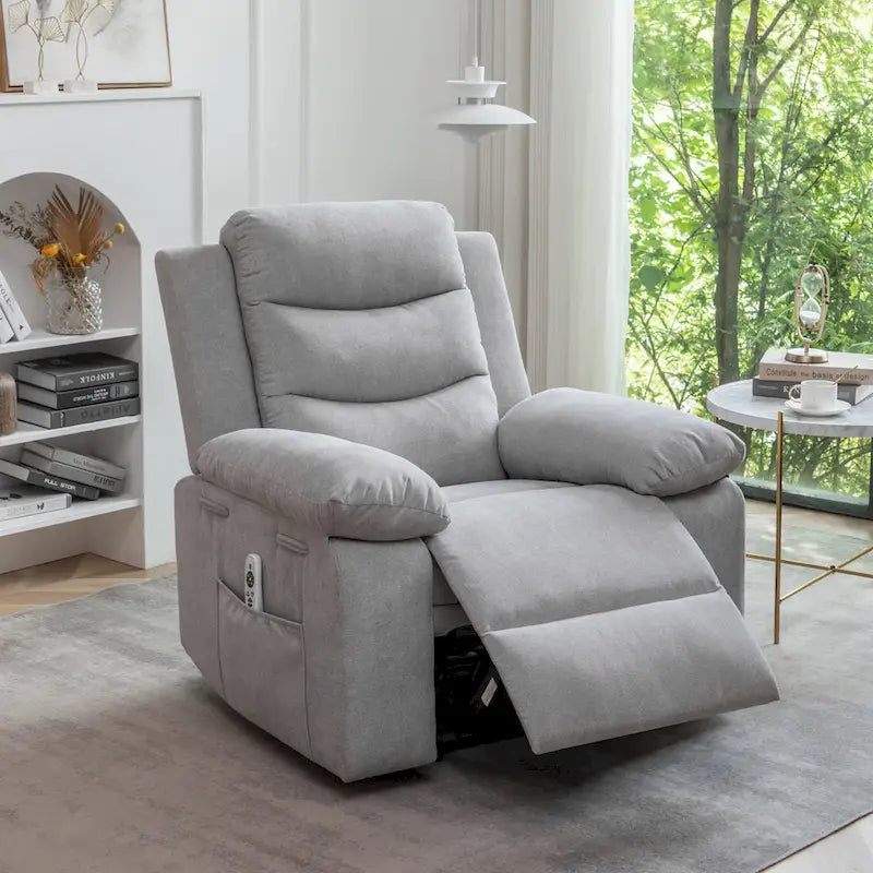 Fauteuil inclinable électrique en velours beige/bleu/gris clair/camel/gris foncé avec fonctions chauffante et massage - Usage unique