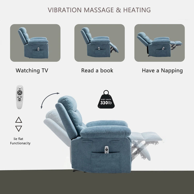 Fauteuil inclinable électrique en velours beige/bleu/gris clair/camel/gris foncé avec fonctions chauffante et massage - Usage unique