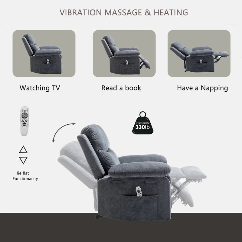 Fauteuil inclinable électrique en velours beige/bleu/gris clair/camel/gris foncé avec fonctions chauffante et massage - Usage unique
