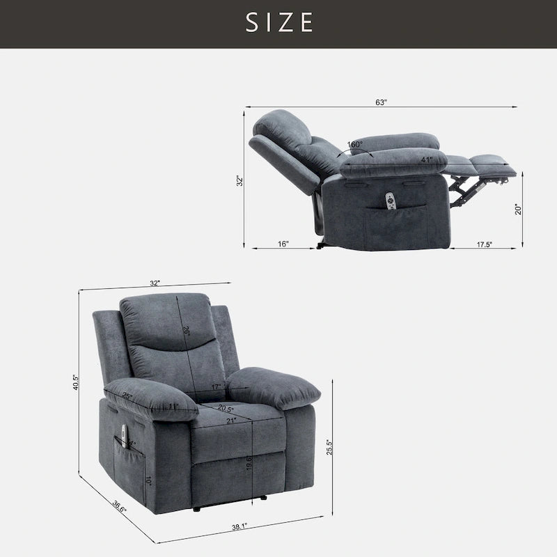 Fauteuil inclinable électrique en velours beige/bleu/gris clair/camel/gris foncé avec fonctions chauffante et massage - Usage unique