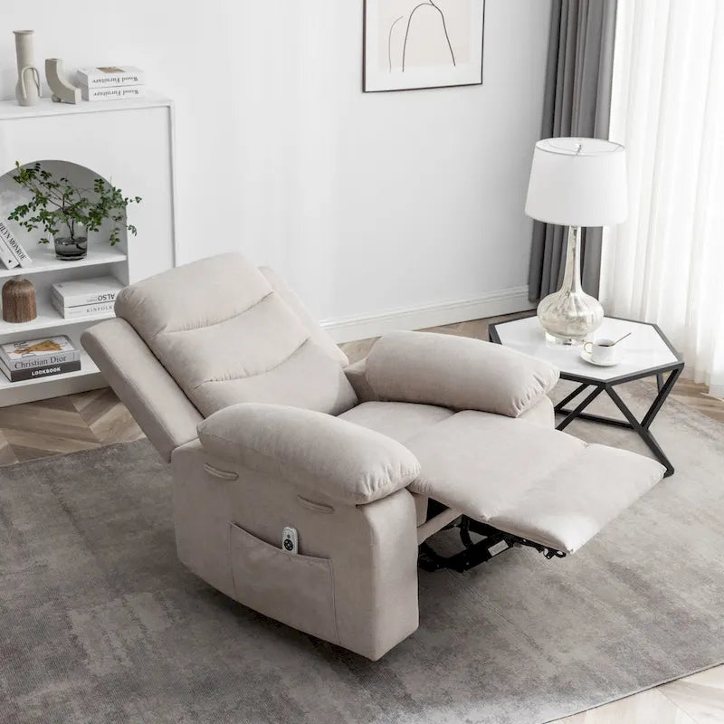Fauteuil inclinable électrique en velours beige/bleu/gris clair/camel/gris foncé avec fonctions chauffante et massage - Usage unique